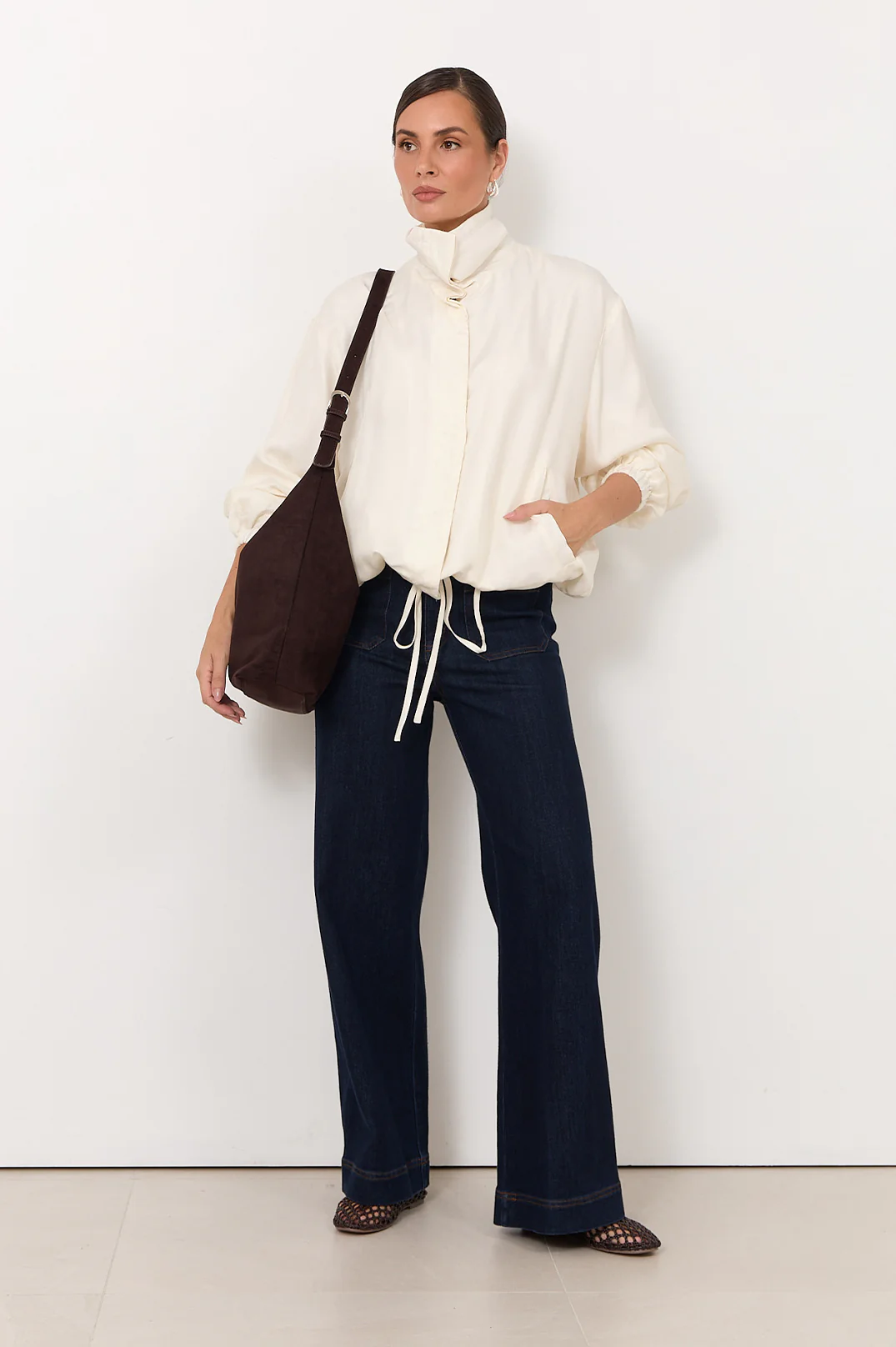 Aude Funnel Neck Cupro Jacket (Cream) - Image 3