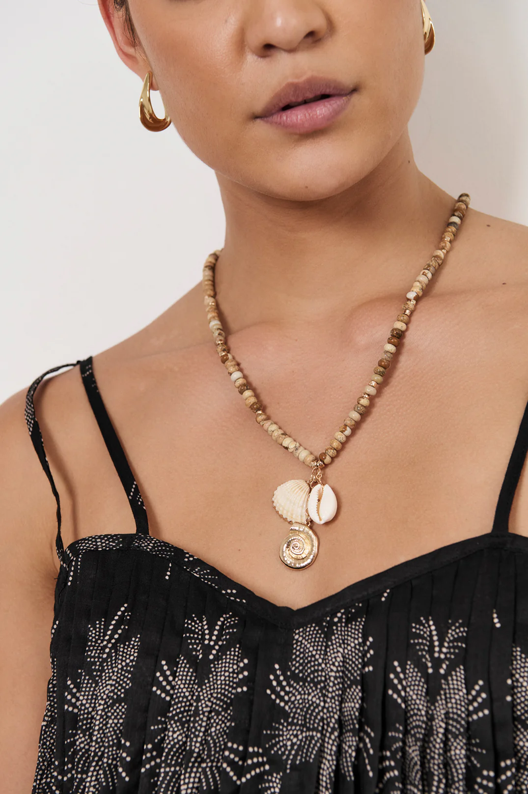 Beaded Shell Cluster Drop Necklace (Camel/White) - Image 4
