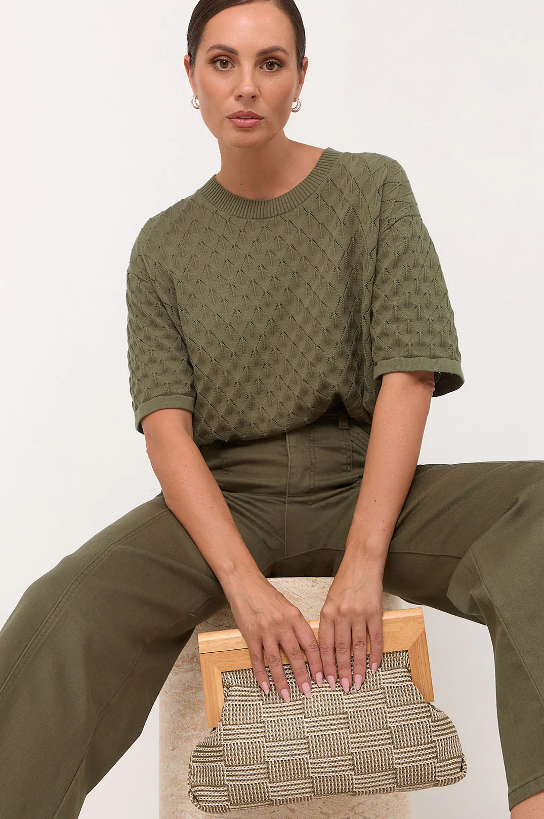 Check Weave Timber Frame Clutch (Khaki) - Image 2