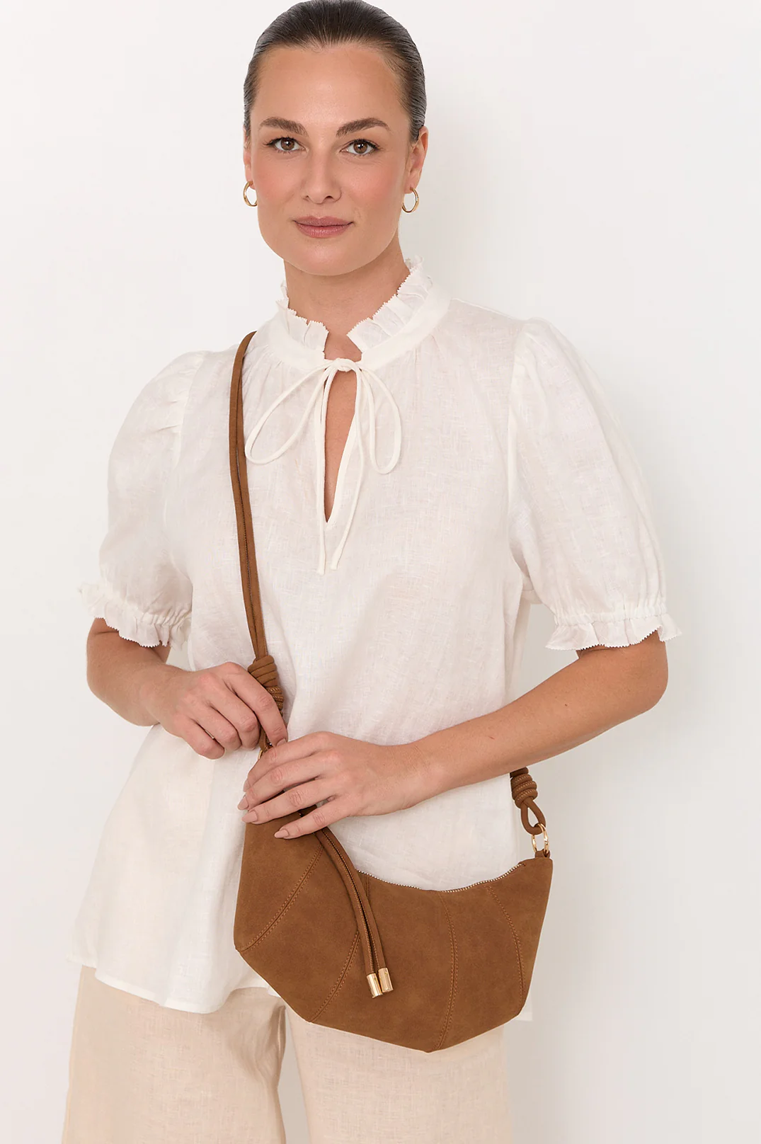 Curved Panel Faux Suede Bag (Tan) - Image 3