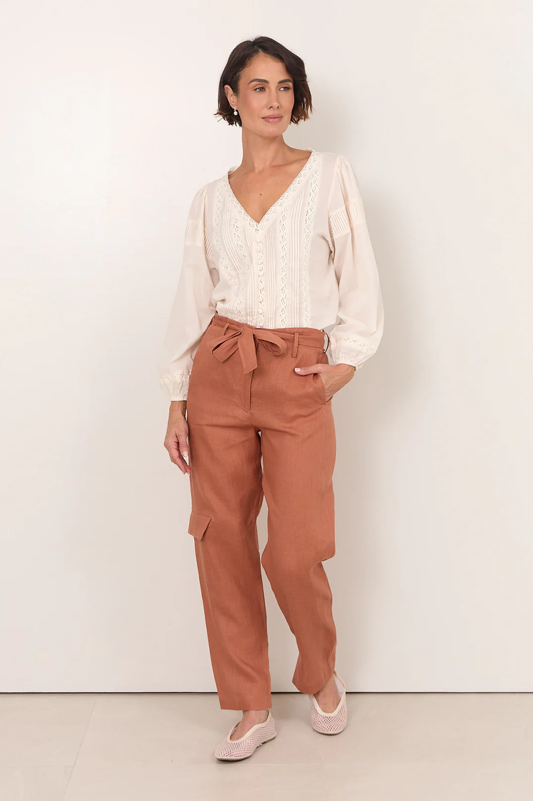 Della Long Sleeve Pleated Top (Cream) - Image 2