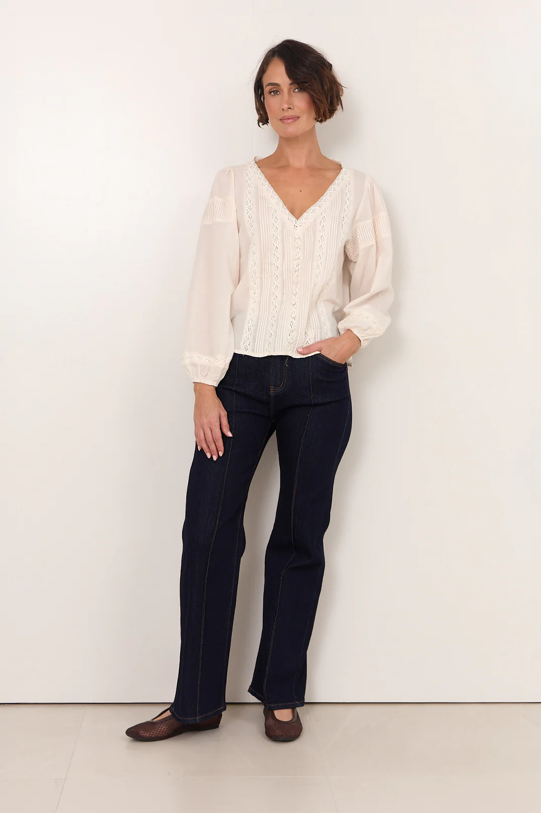 Della Long Sleeve Pleated Top (Cream) - Image 6