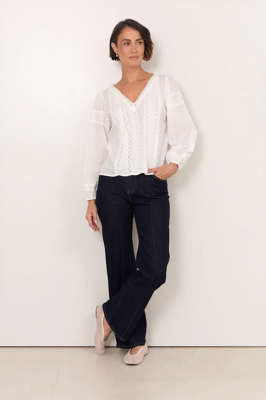 Della Long Sleeve Pleated Top (White) - Image 6