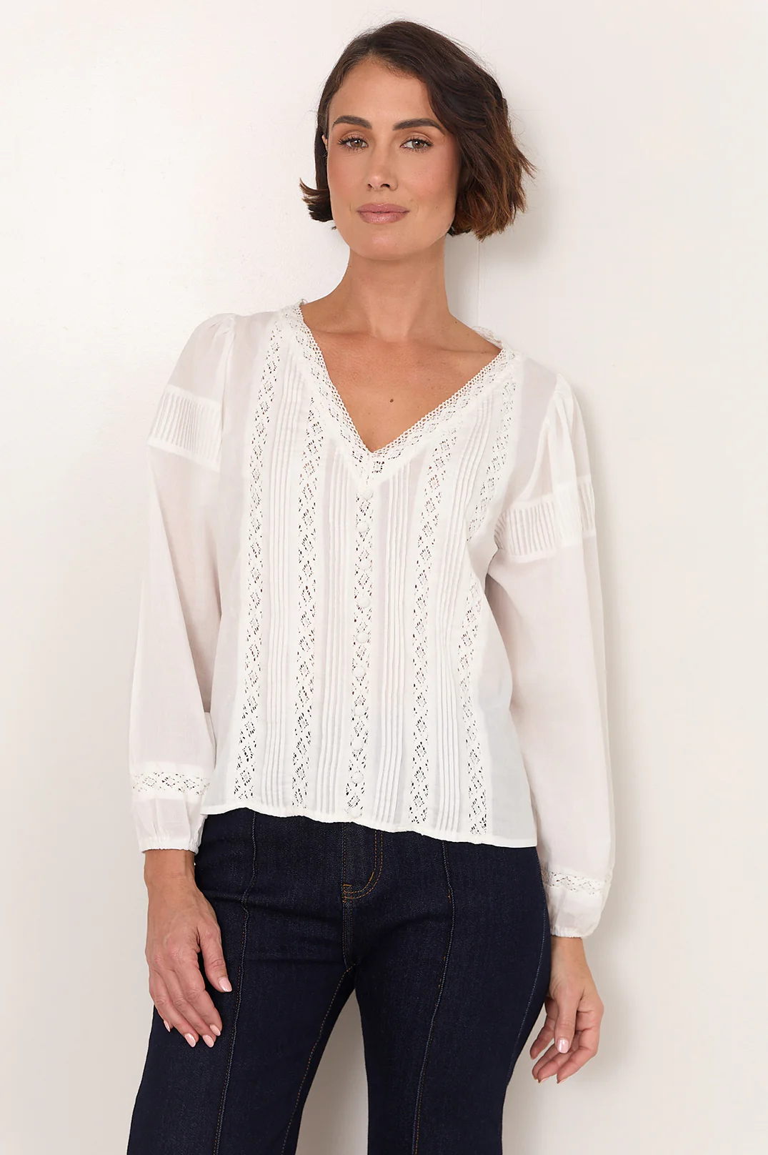 Della Long Sleeve Pleated Top (White) - Image 7