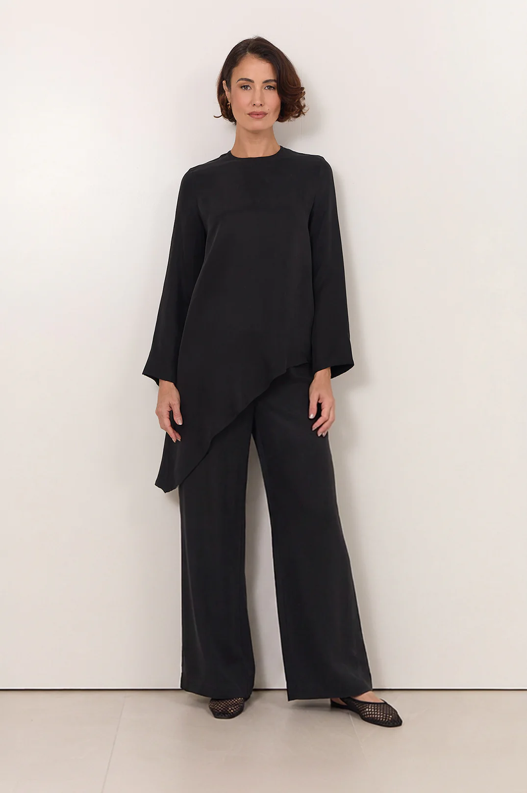 Finley Asymmetric Hem Cupro Top (Black) - Image 3