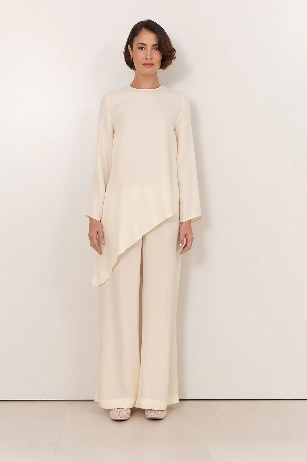 Finley Asymmetric Hem Cupro Top (Cream) - Image 3