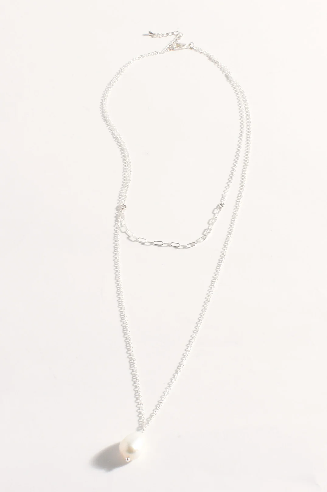 Freshwater Pearl Drop Layer Necklace (Silver)