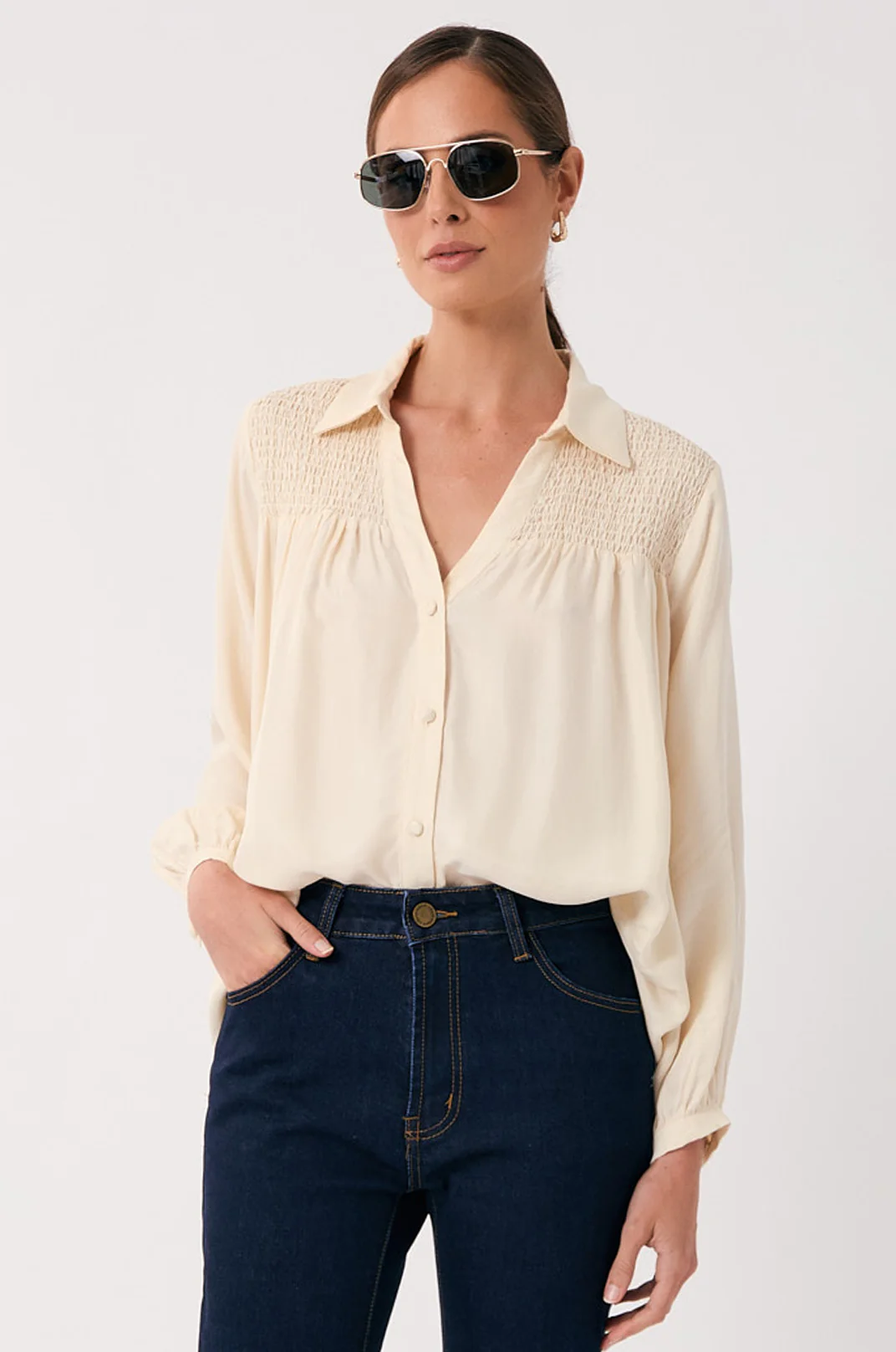 Ginny Shirred Detail Shirt (Cream) - Image 2
