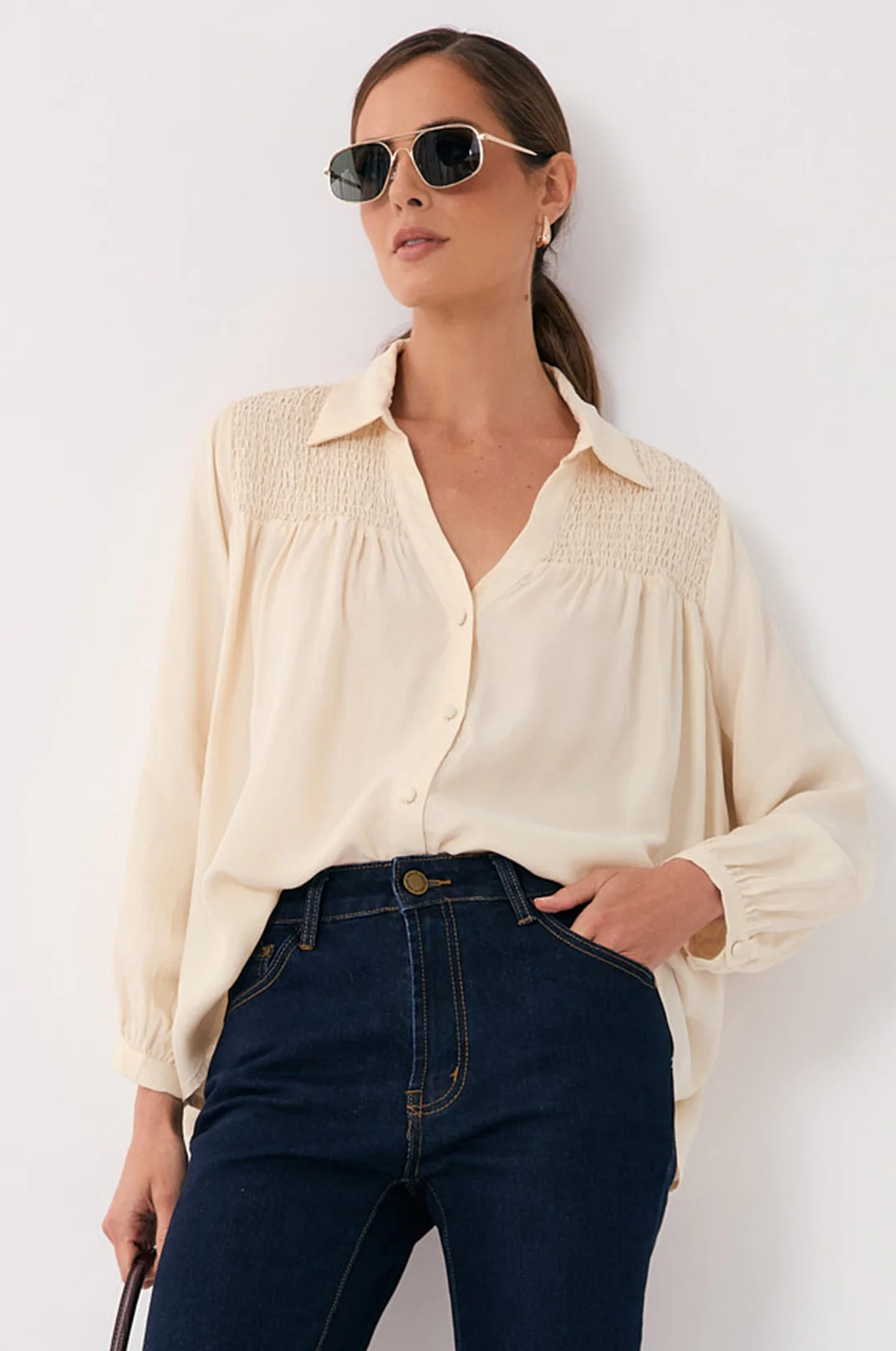 Ginny Shirred Detail Shirt (Cream) - Image 3