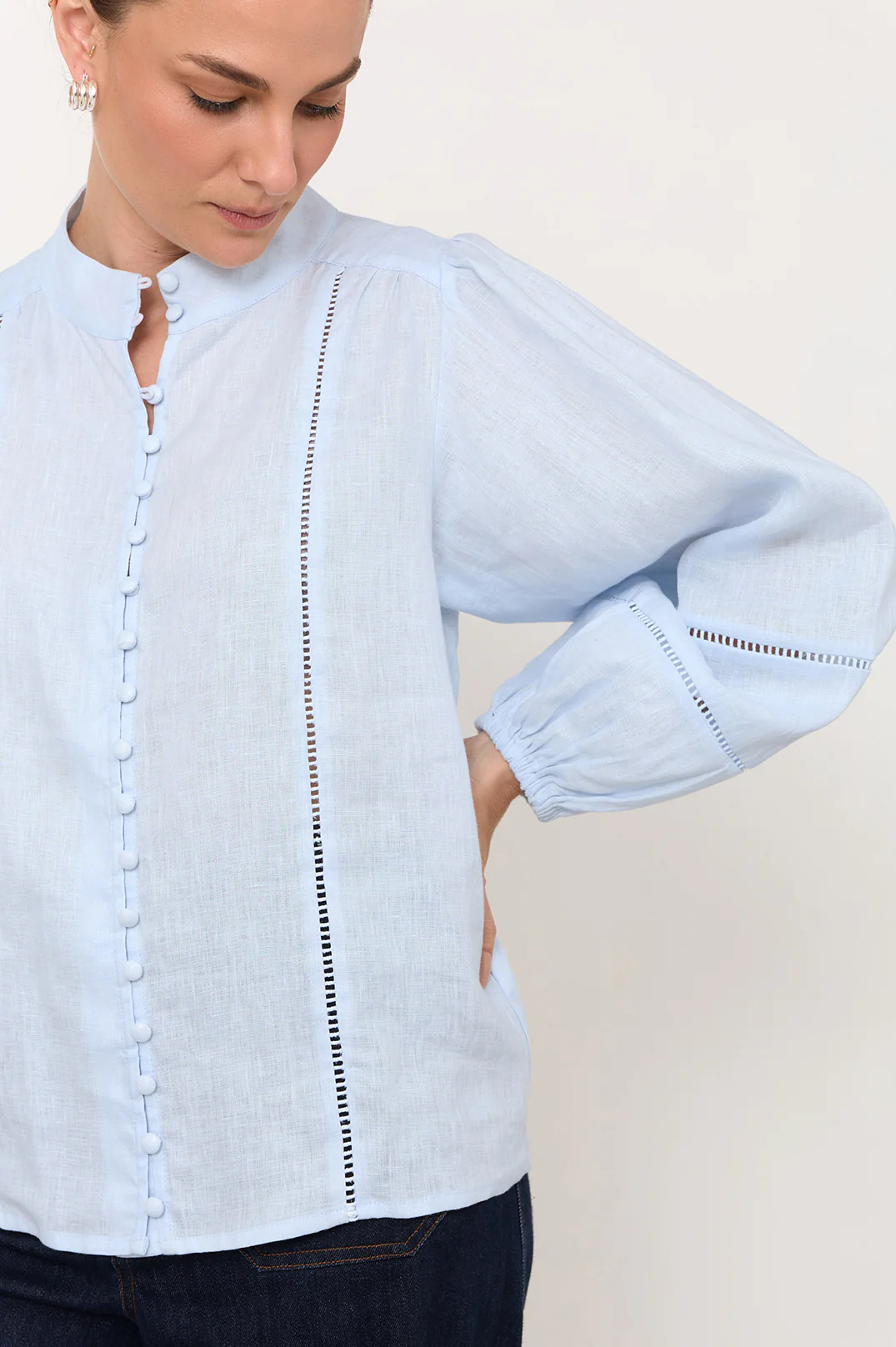 Juno Trim Detail Linen Top (Blue) - Image 3