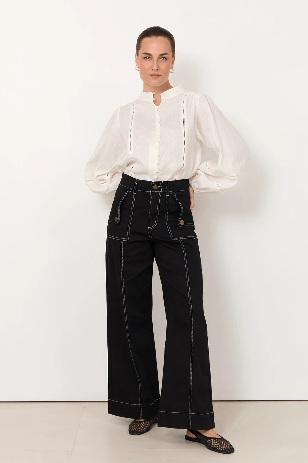 Juno Trim Detail Linen Top (White) - Image 3
