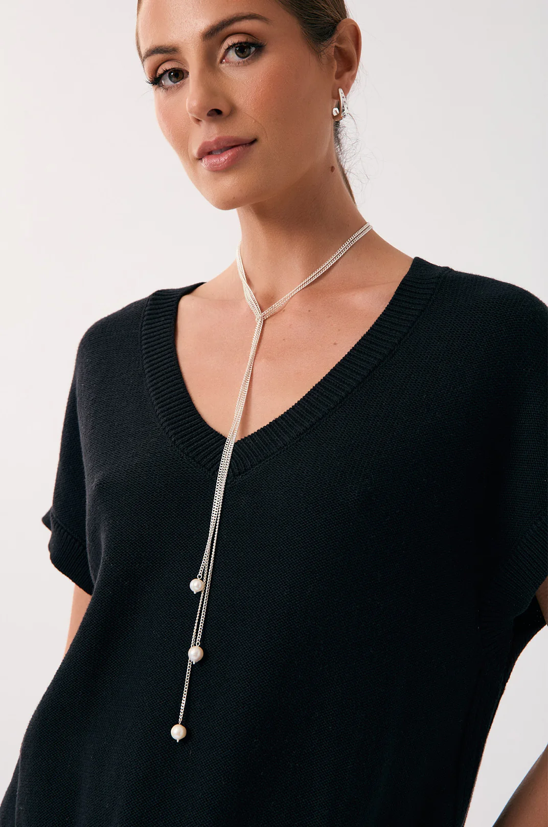 Knotted Y Drop Pearl Necklace (Silver)