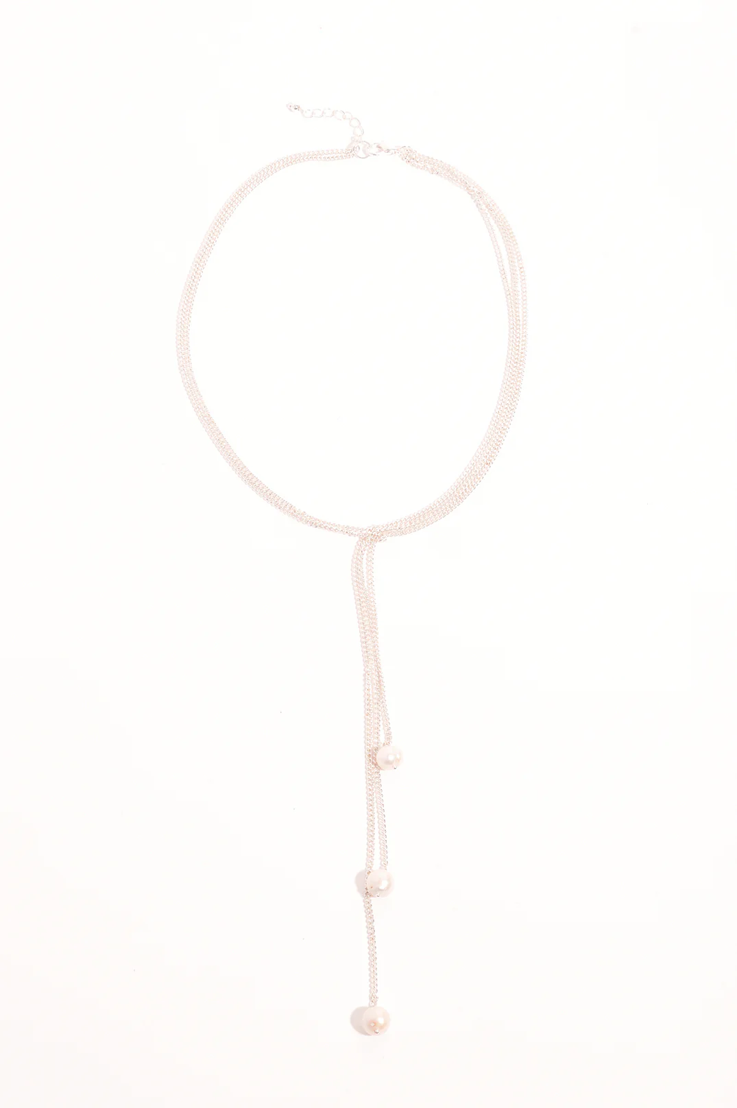 Knotted Y Drop Pearl Necklace (Silver) - Image 2