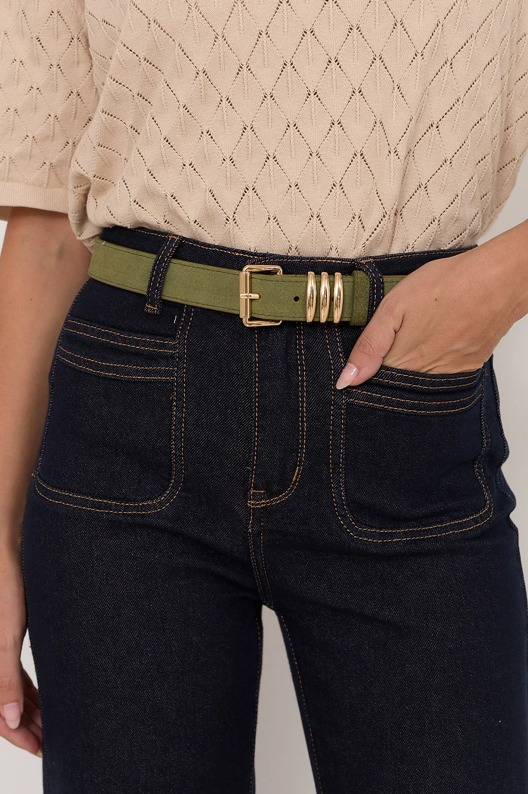 Kory Suede Jeans Belt (Khaki/Gold) - Image 2