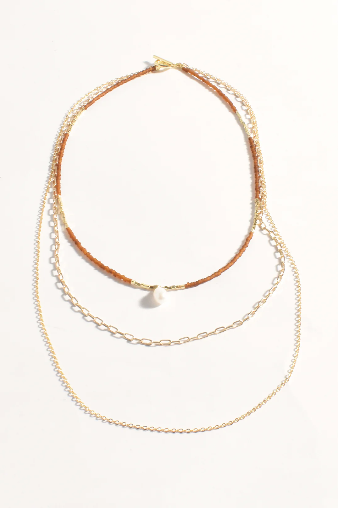 Layered Bead Pearl and Chain Necklace (Tan) - Image 2