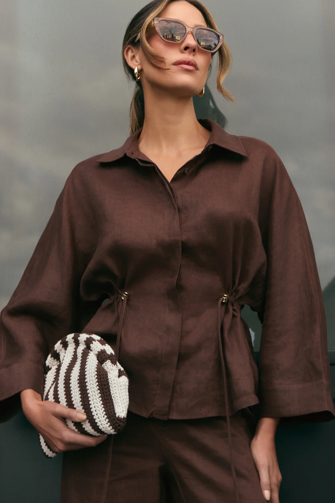 Lenni Drawstring Linen Top (Chocolate) - Image 2