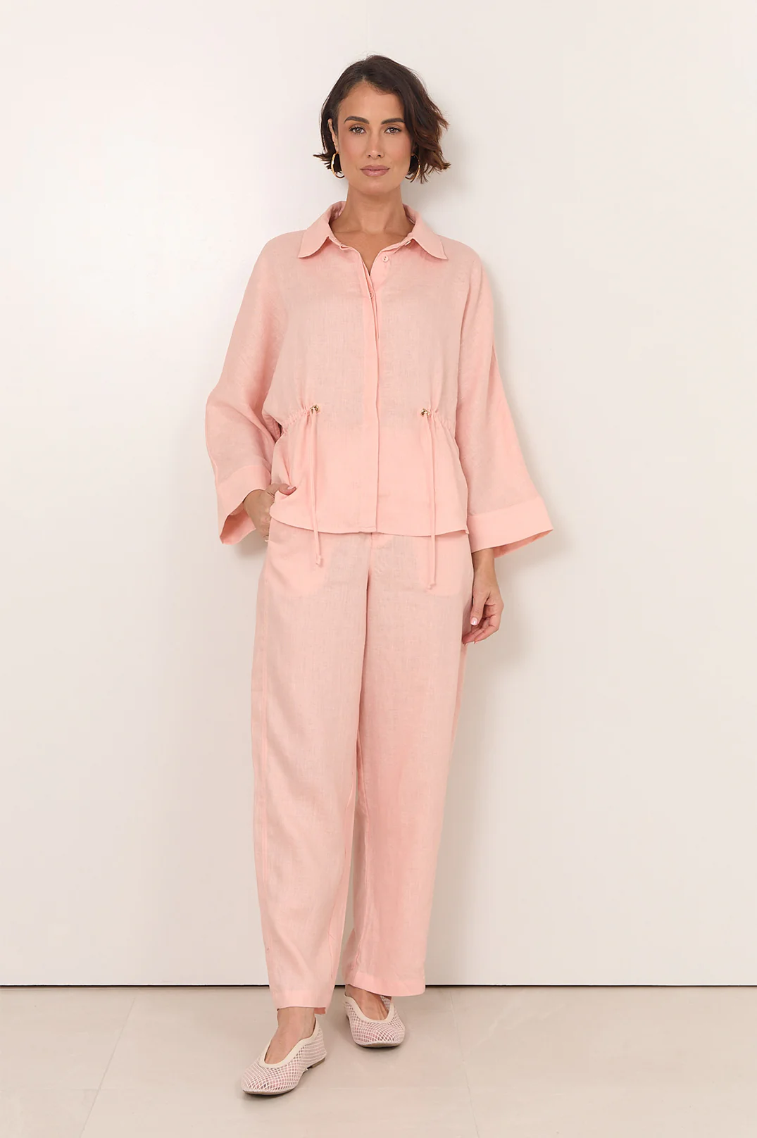 Lenni Drawstring Linen Top (Salmon) - Image 2