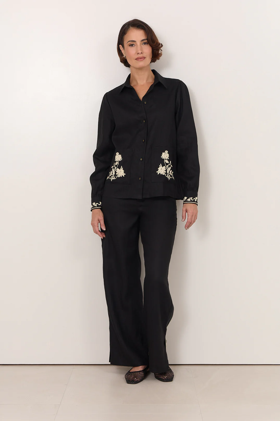 Lennon Linen Embroidered Shirt (Black) - Image 2
