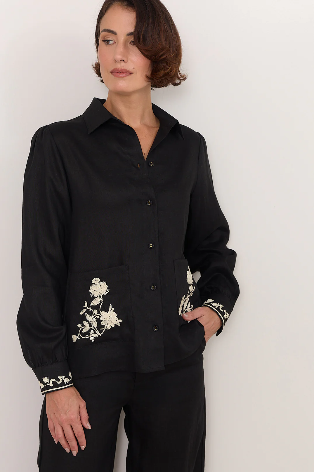 Lennon Linen Embroidered Shirt (Black) - Image 3