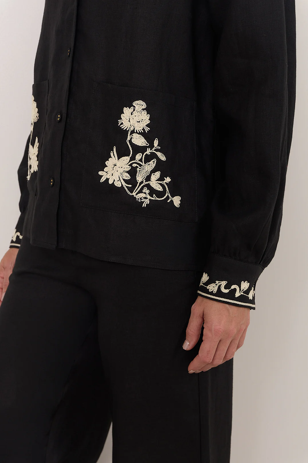 Lennon Linen Embroidered Shirt (Black) - Image 5