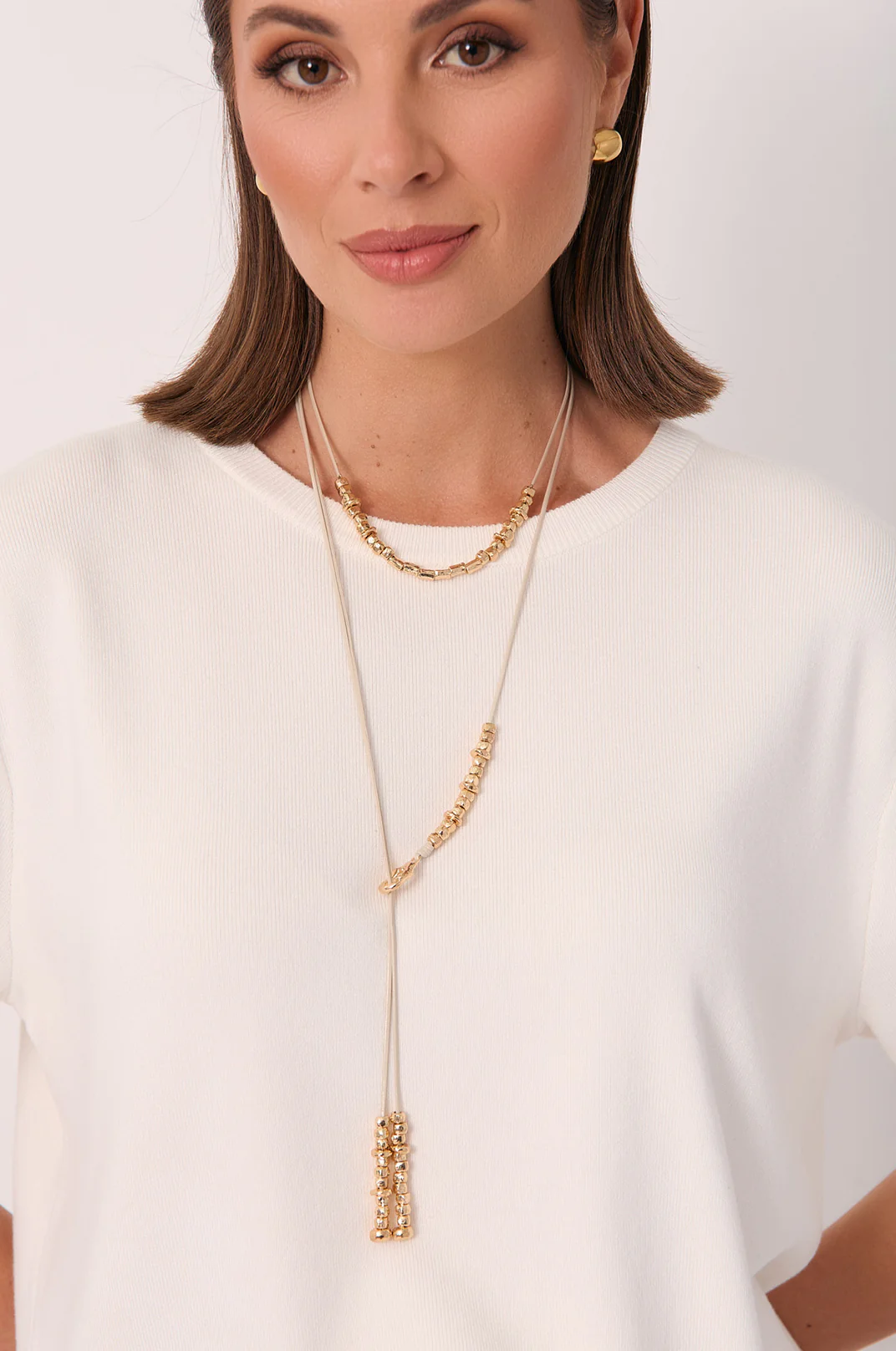 Long Layered Cord Metal Bead Necklace (Camel) - Image 2