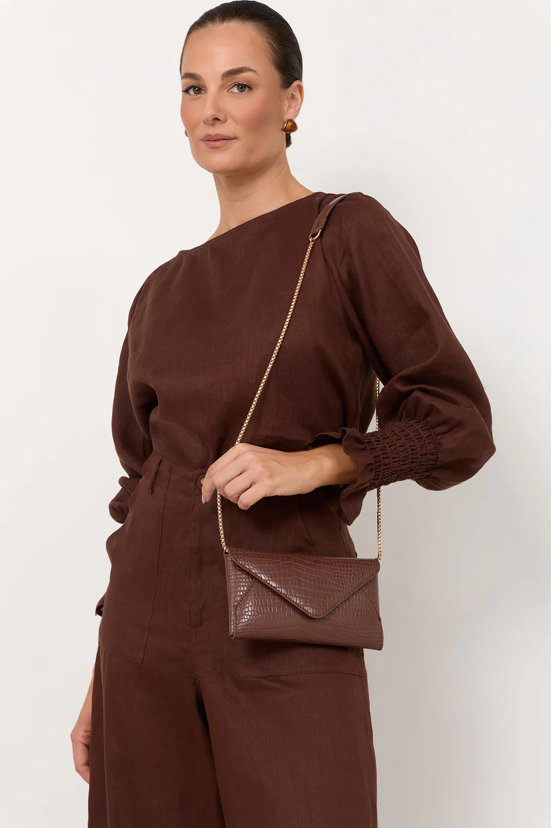 Madeleine Croc Envelope Cross Body Bag (Chocolate) - Image 2