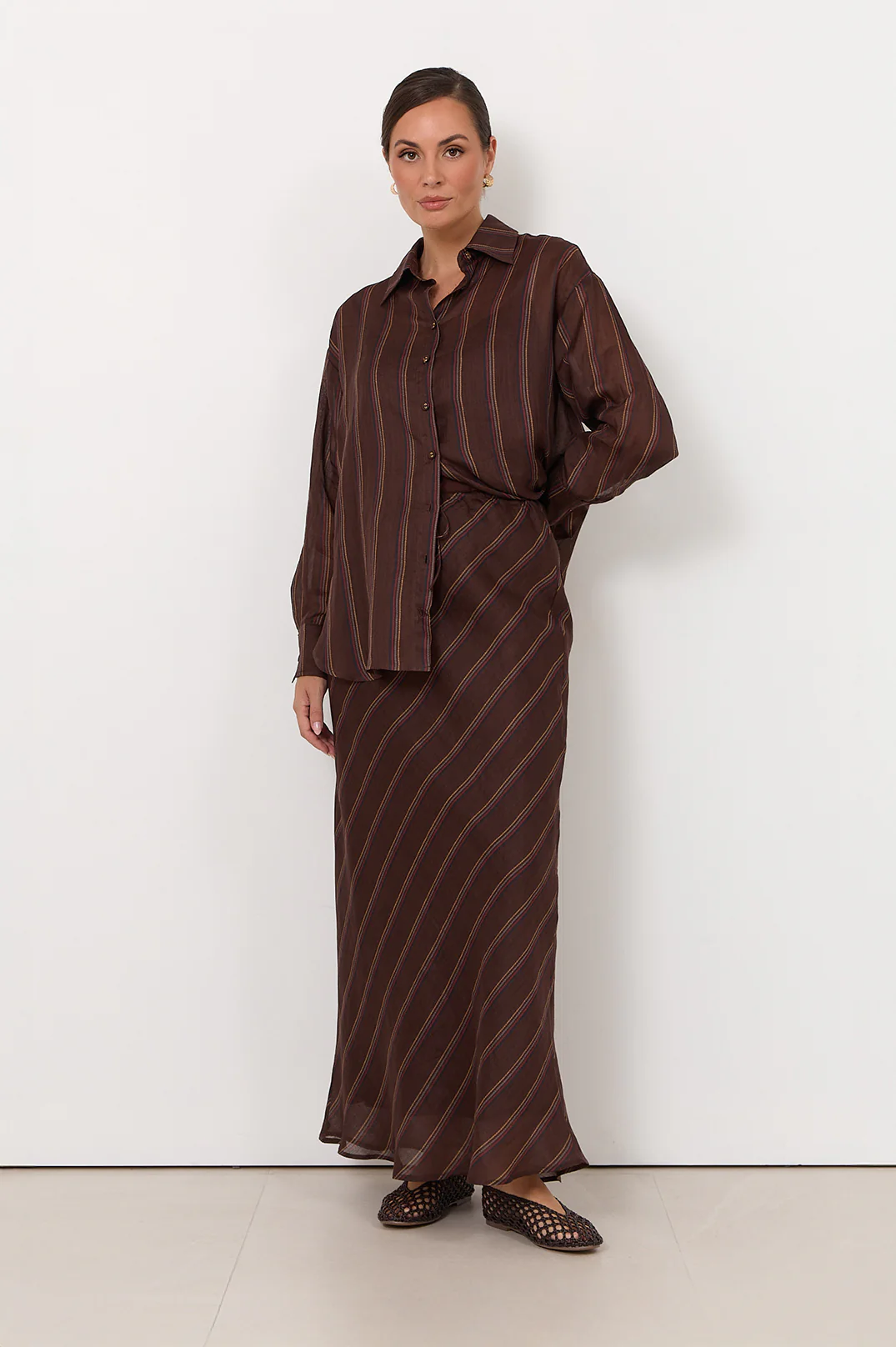 Mae Stripe Ramie Skirt (Chocolate) - Image 3