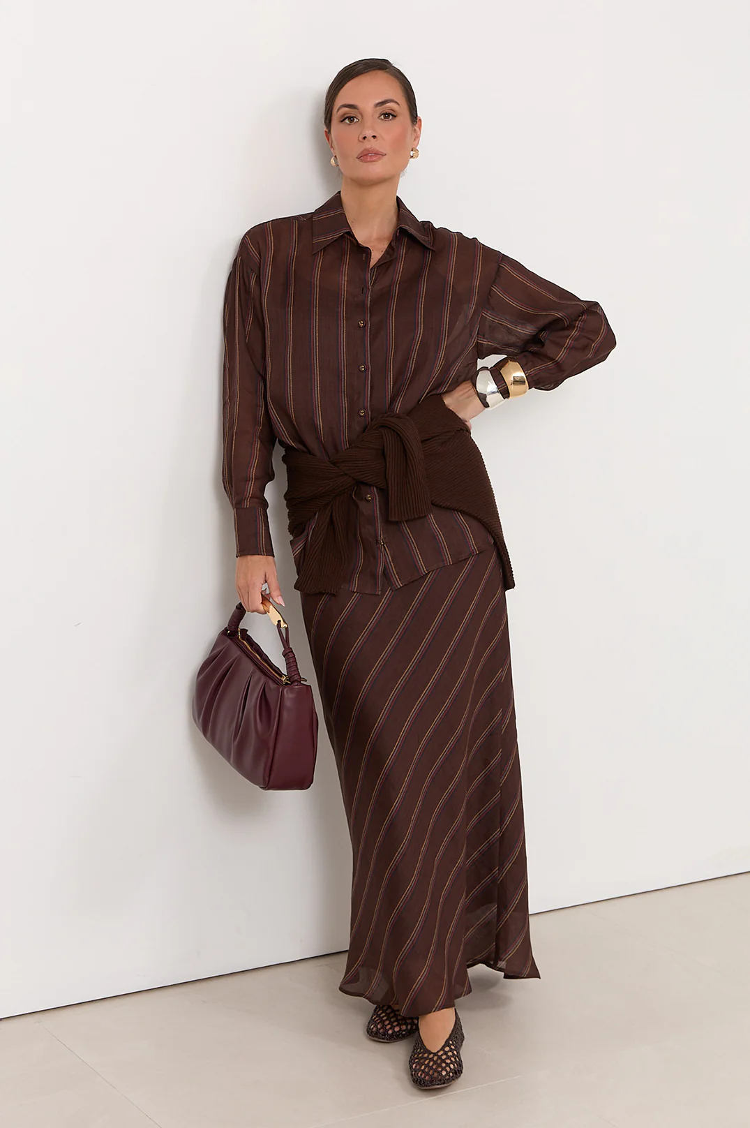 Mae Stripe Ramie Skirt (Chocolate) - Image 4