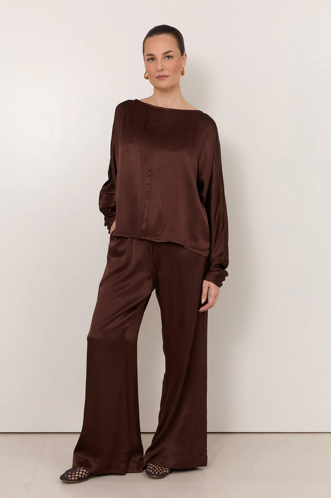 Meeka Satin Long Sleeve Top (Chocolate) - Image 3