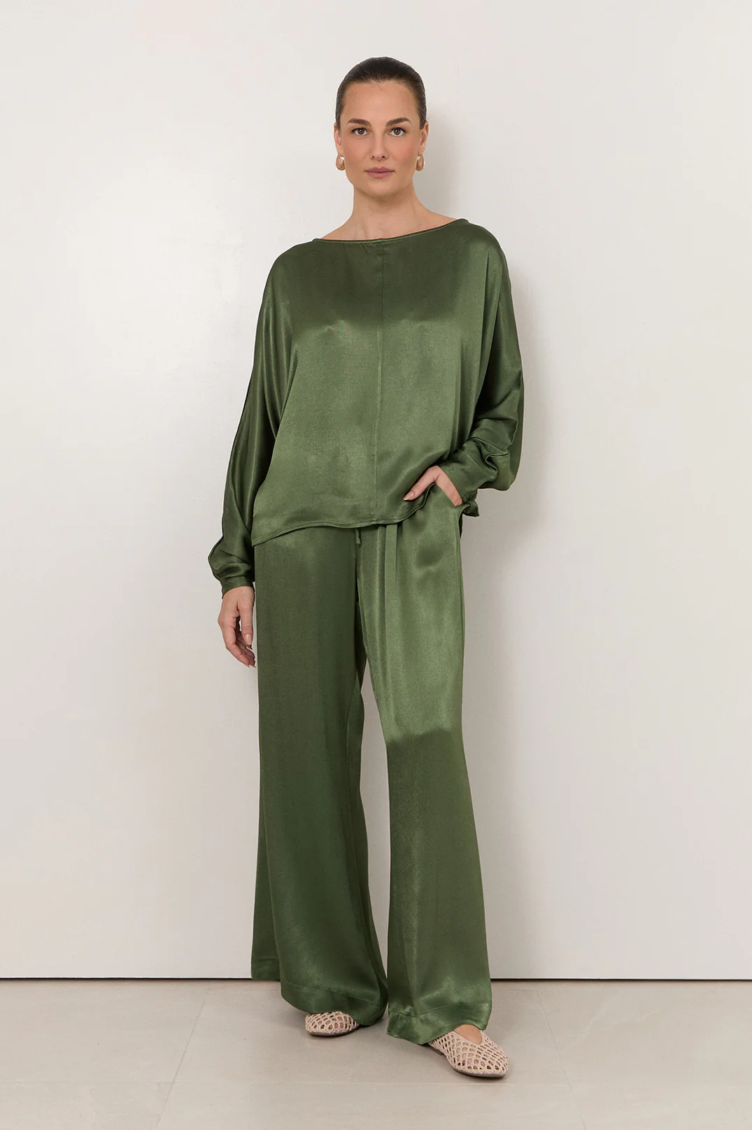 Meeka Satin Long Sleeve Top (Olive) - Image 3