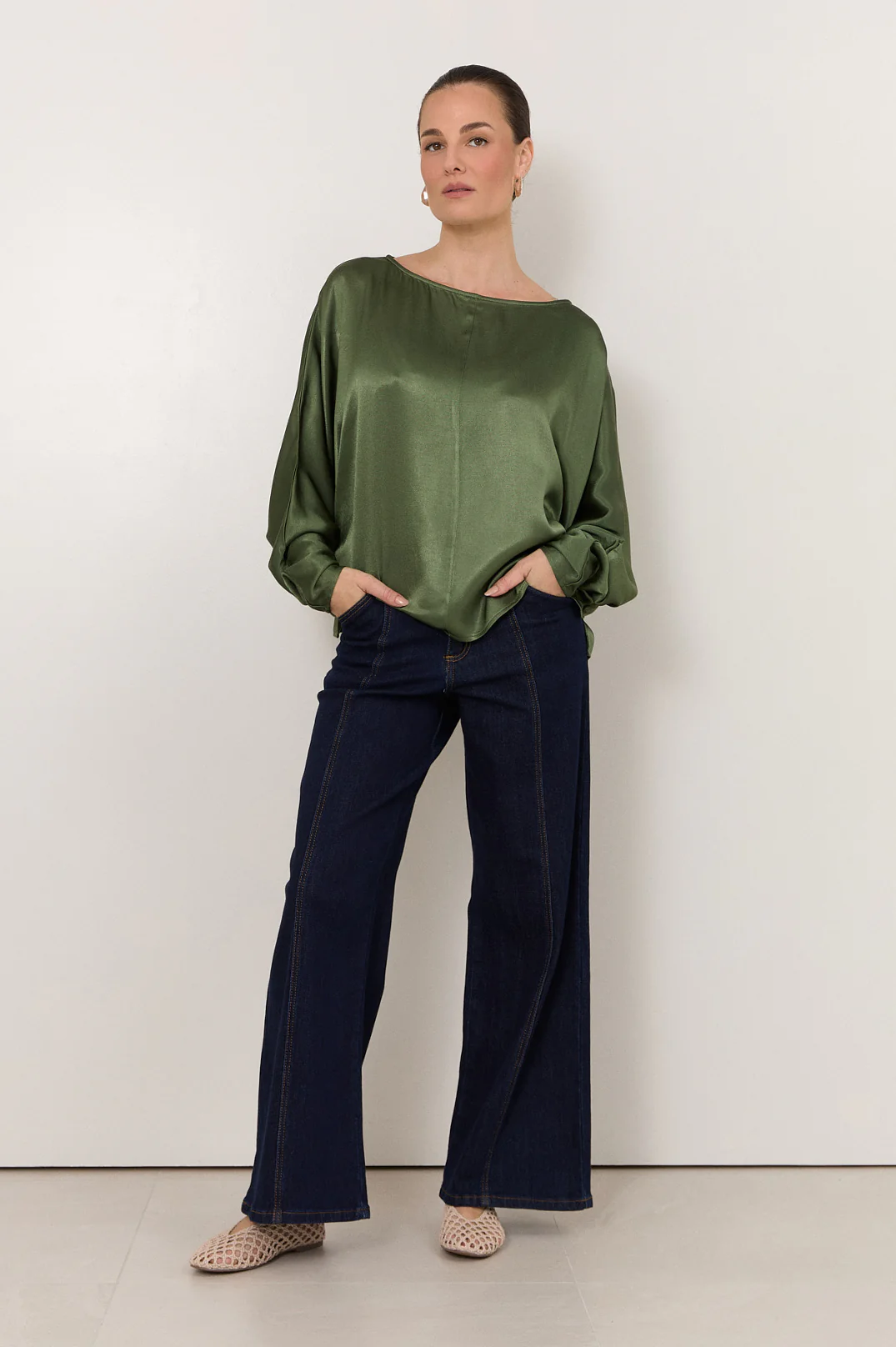 Meeka Satin Long Sleeve Top (Olive) - Image 4