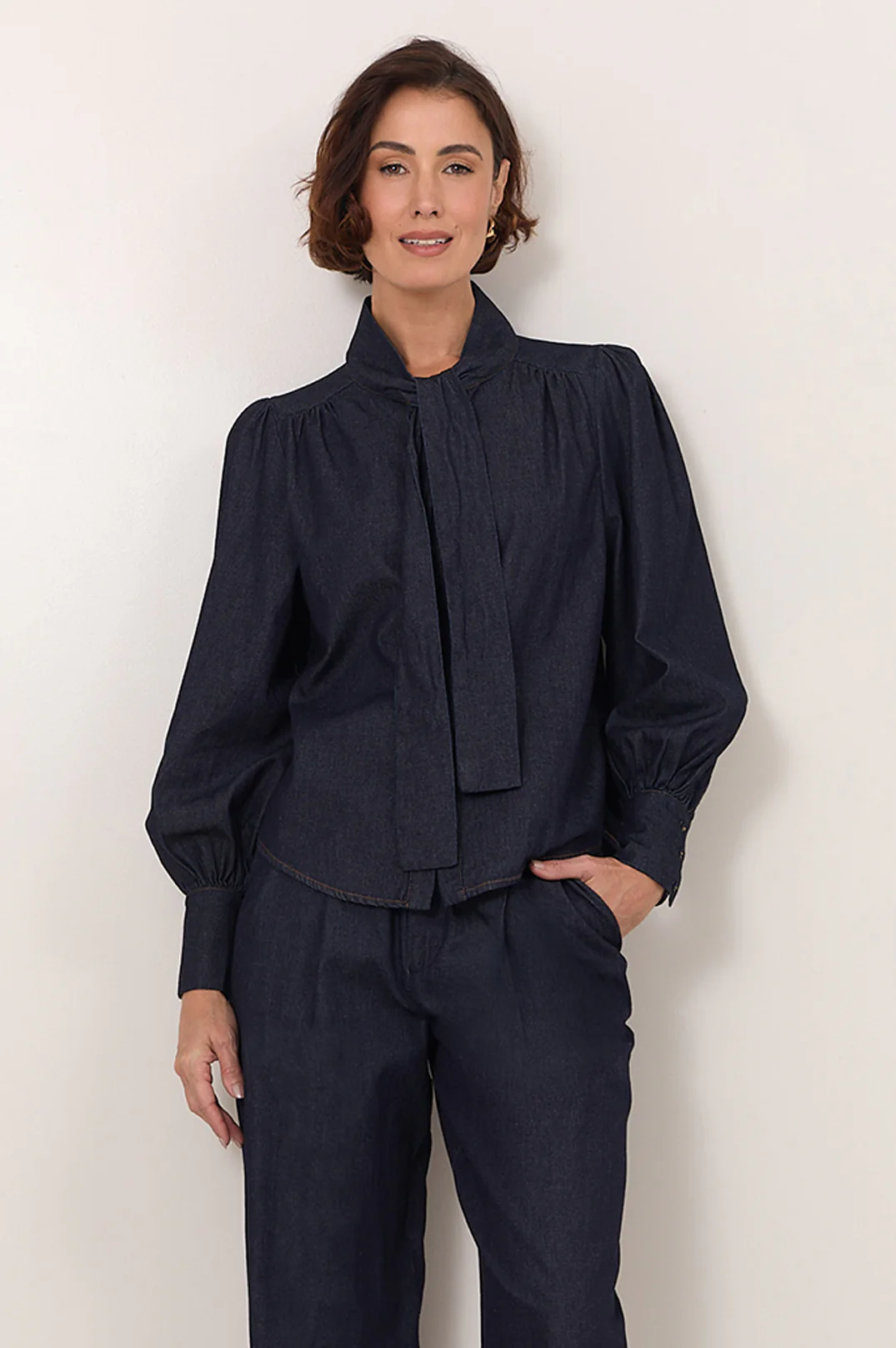 Melody Tie Neck Lightweight Denim Shirt (Denim) - Image 3