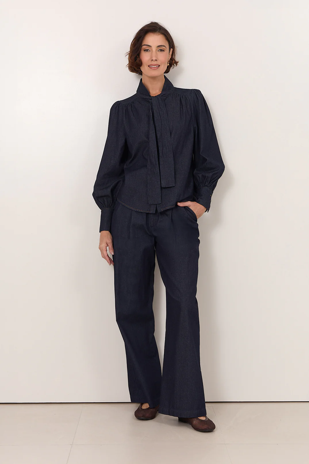 Melody Tie Neck Lightweight Denim Shirt (Denim) - Image 4
