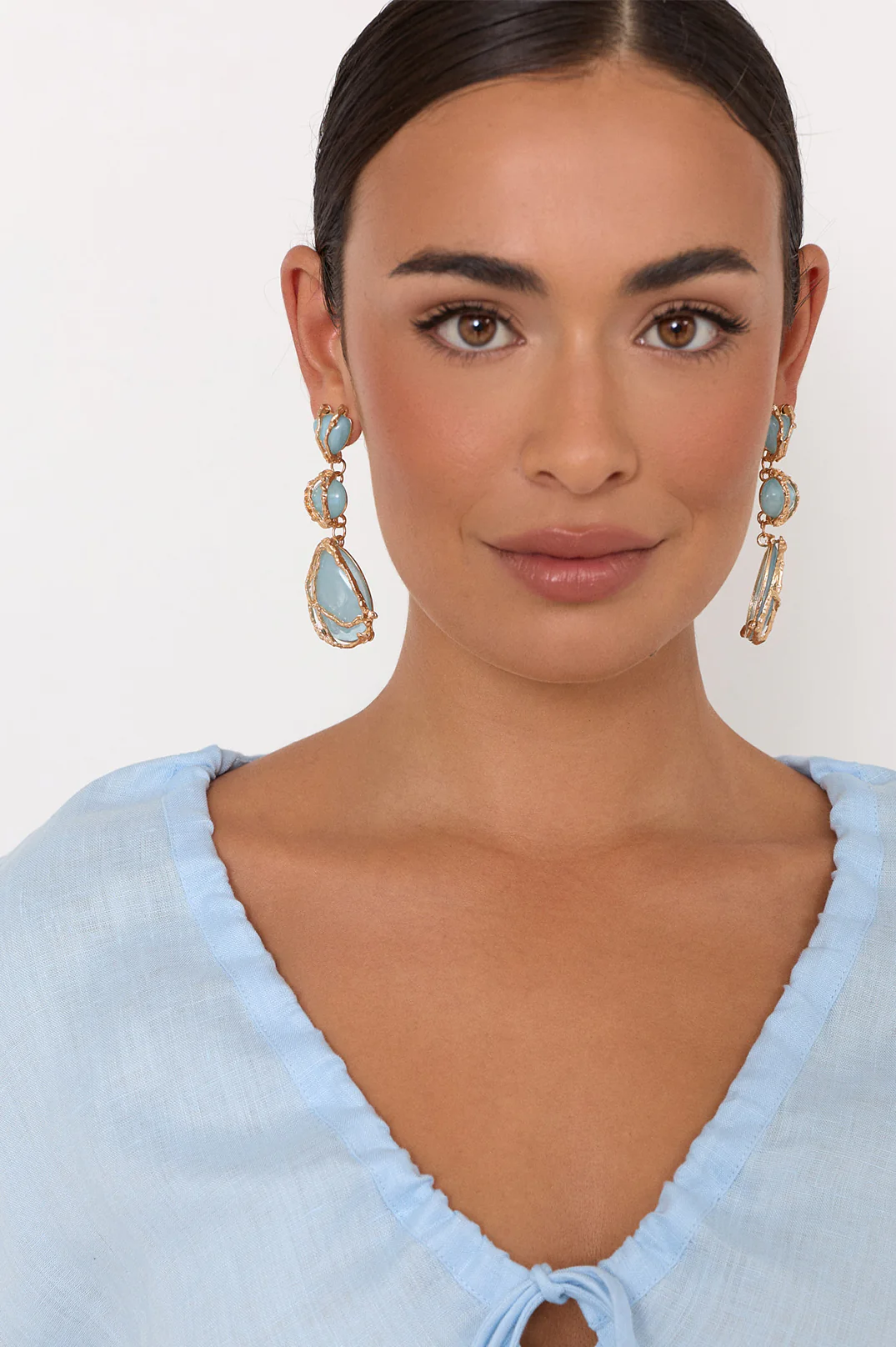 Metal Framed Resin Drop Earrings (Blue/Gold)