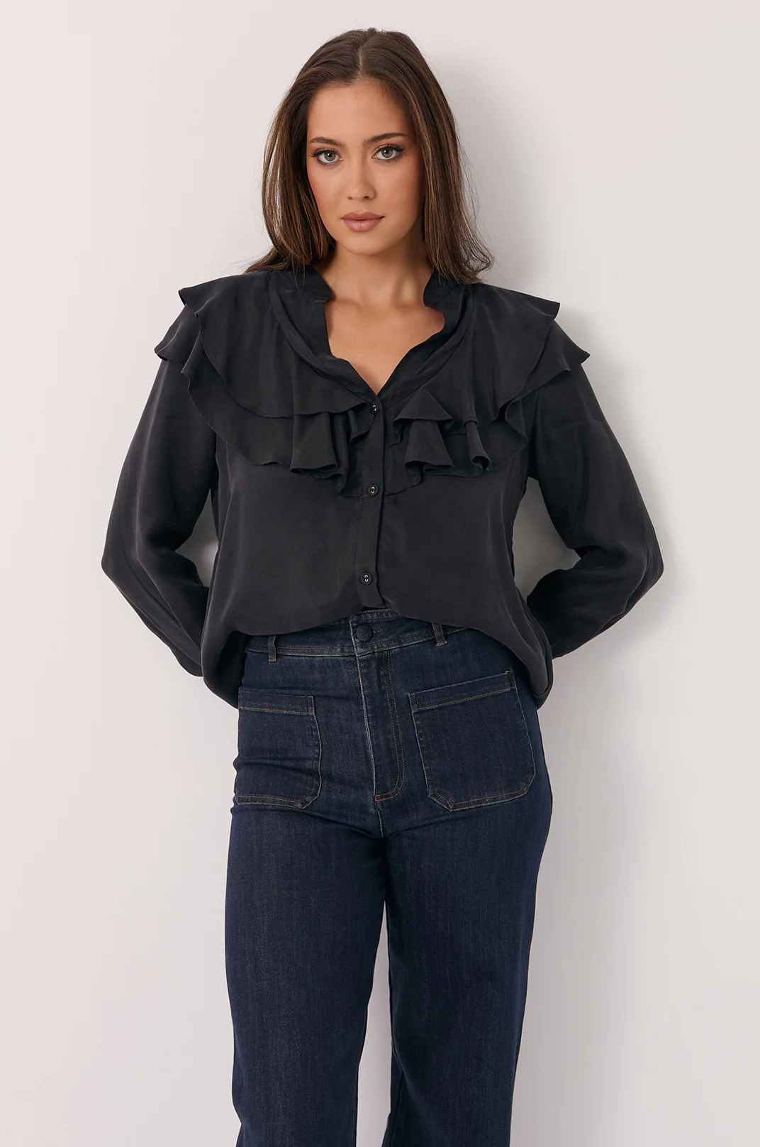 Micky Frilled Cupro Shirt (Black) - Image 2