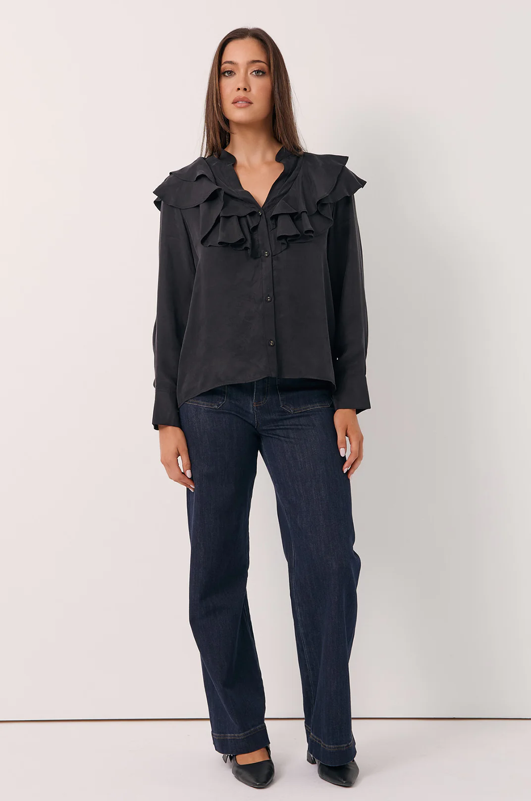 Micky Frilled Cupro Shirt (Black) - Image 3