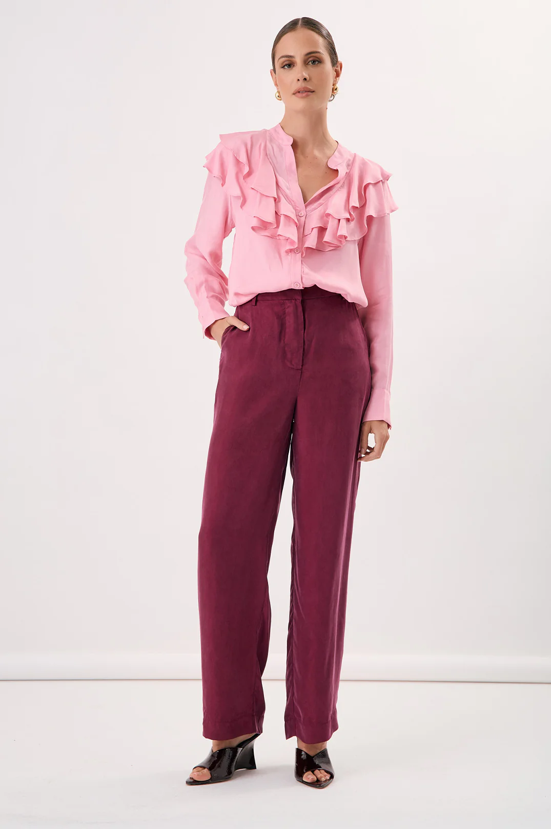 Micky Frilled Cupro Shirt (Pink) - Image 4
