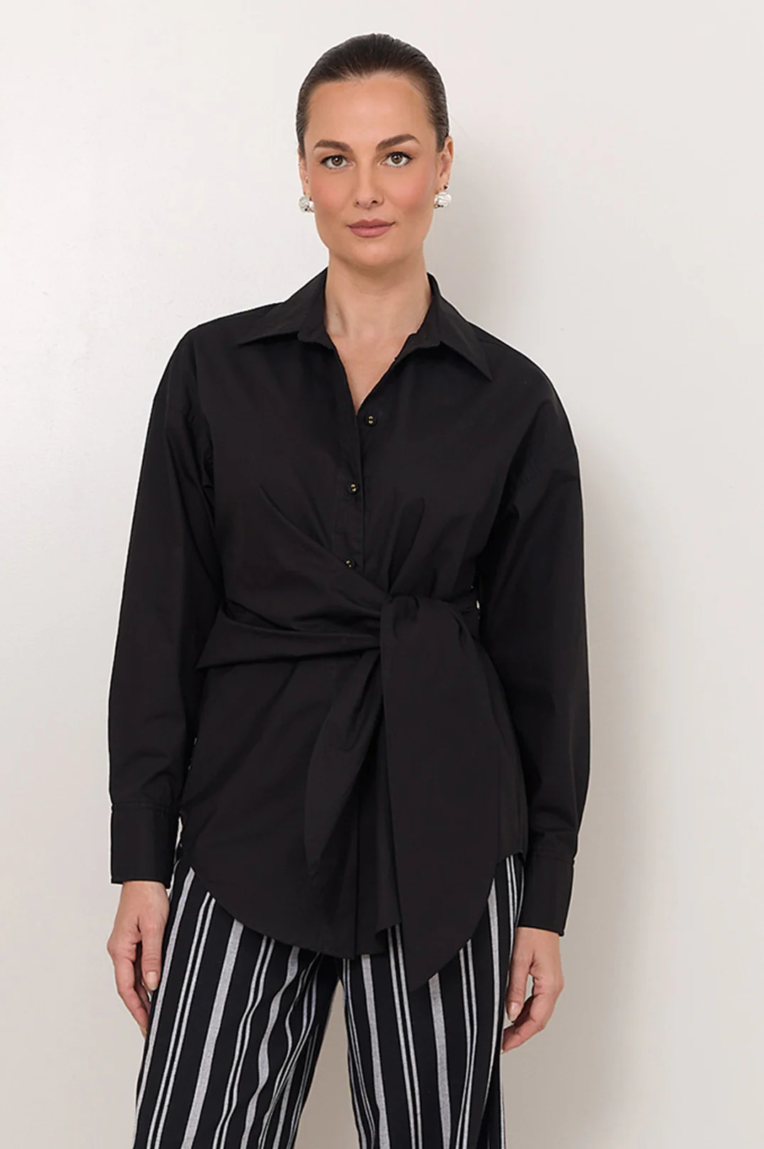 Mina Tie Waist Poplin Shirt (Black) - Image 2