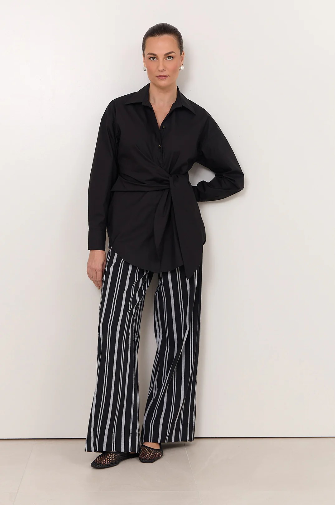 Mina Tie Waist Poplin Shirt (Black) - Image 3