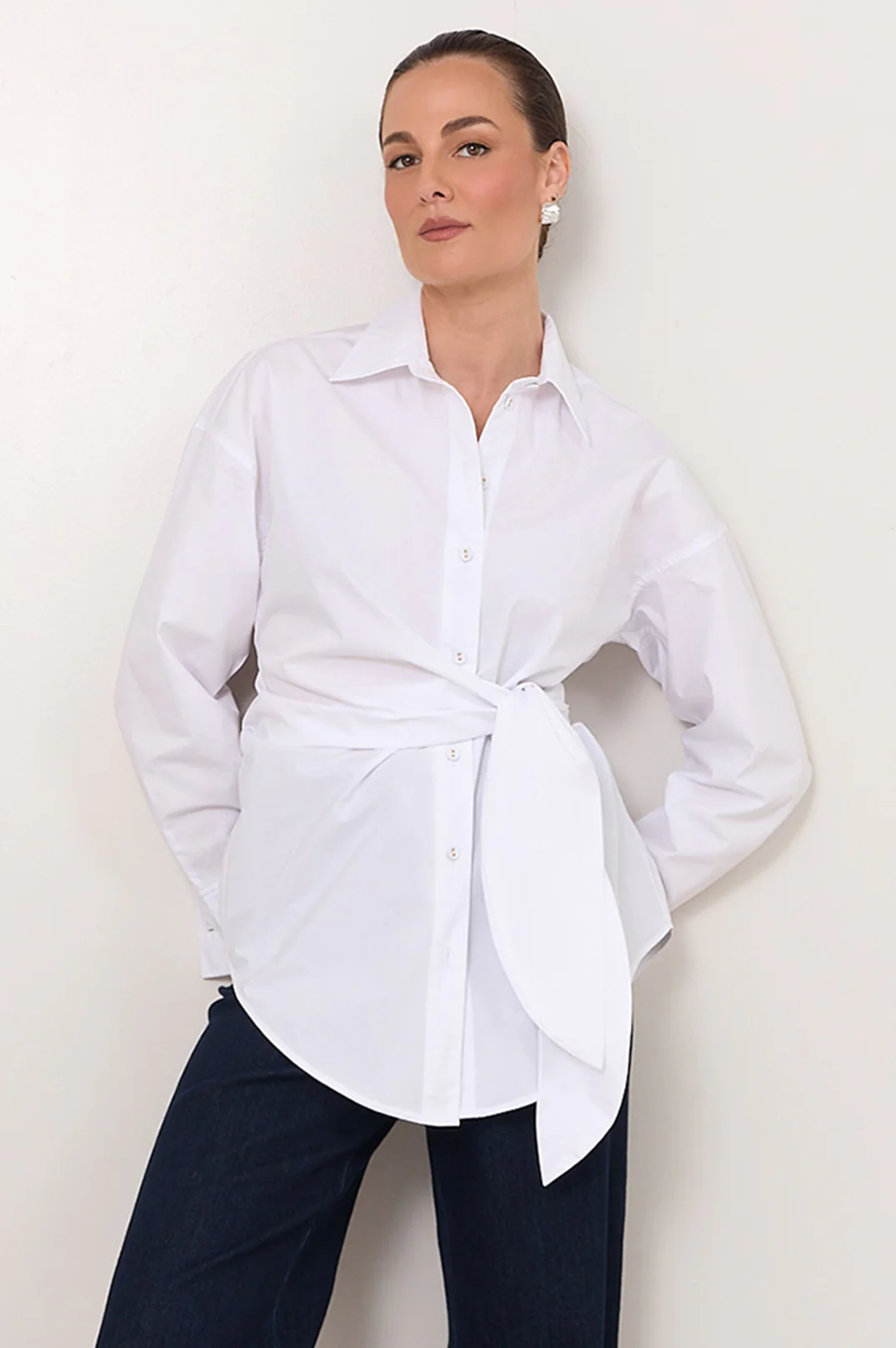 Mina Tie Waist Poplin Shirt (White)