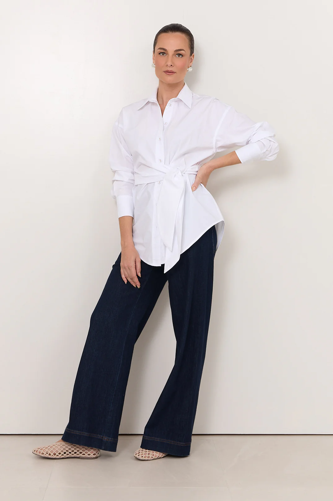 Mina Tie Waist Poplin Shirt (White) - Image 3