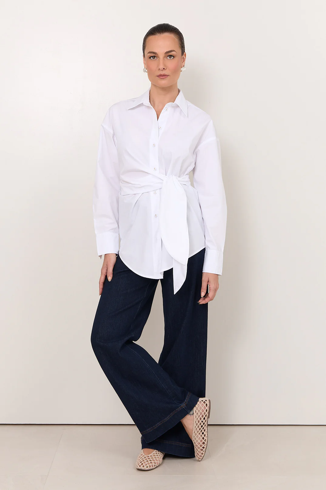 Mina Tie Waist Poplin Shirt (White) - Image 4