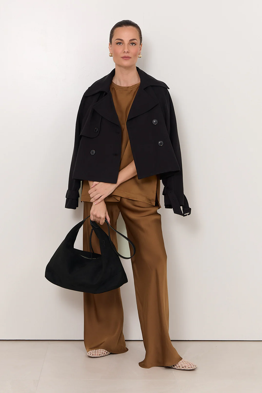 Nessa Cropped Trench Coat (Black) - Image 3