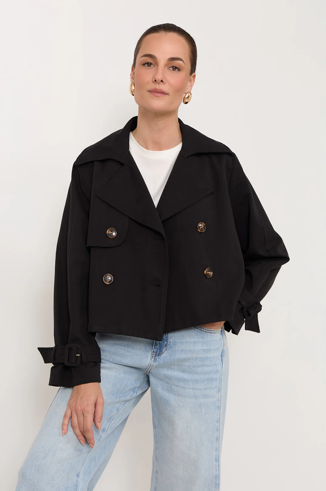 Nessa Cropped Trench Coat (Black) - Image 4