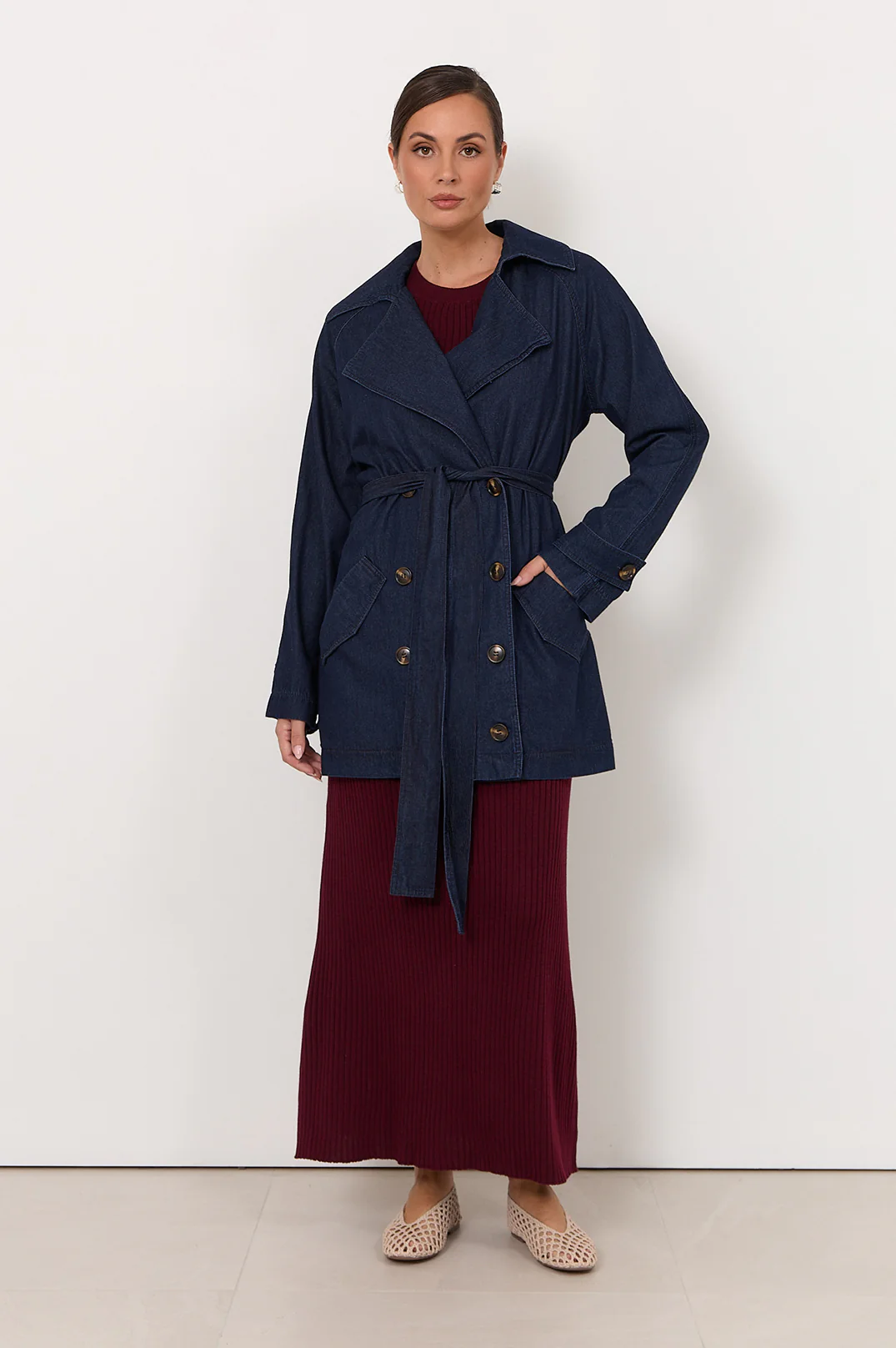 Paris Lightweight Denim Short Trench (Dark Denim) - Image 4