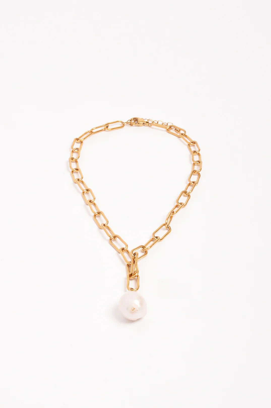 Rectangle Link Baroque Pearl Drop Necklace (Gold) - Image 3