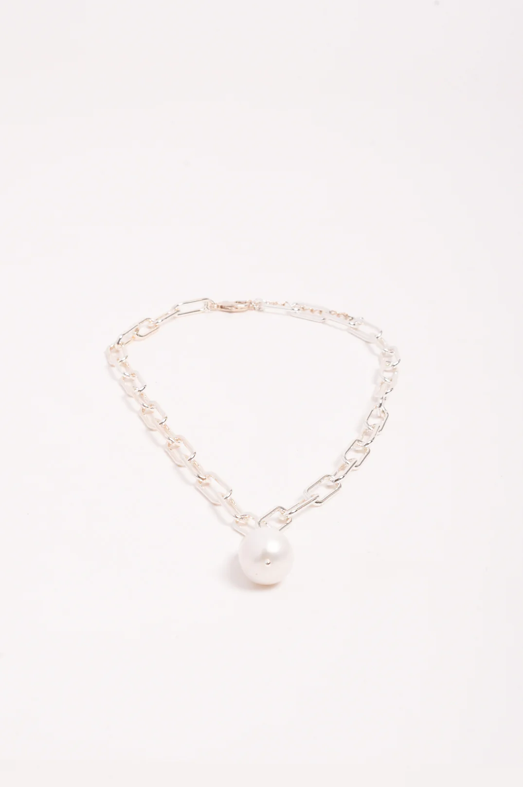 Rectangle Link Baroque Pearl Drop Necklace (Silver) - Image 4