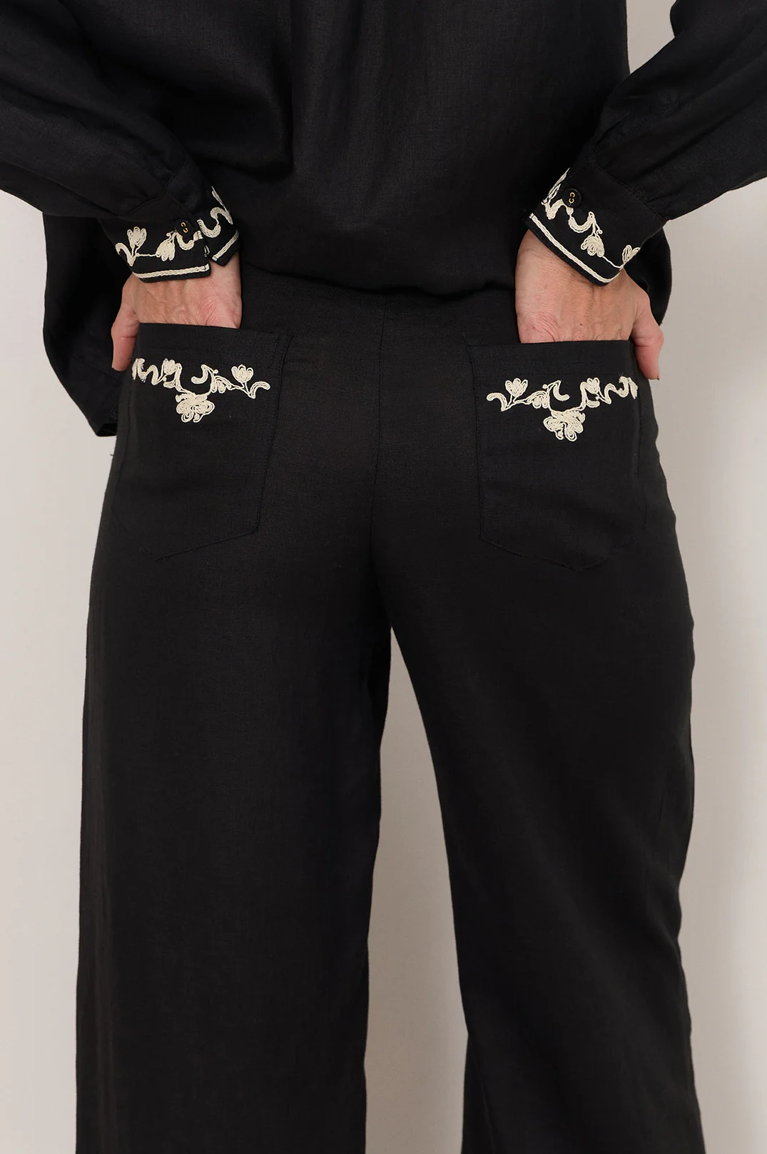 Sabina Linen Embroidered Pant (Black) - Image 5
