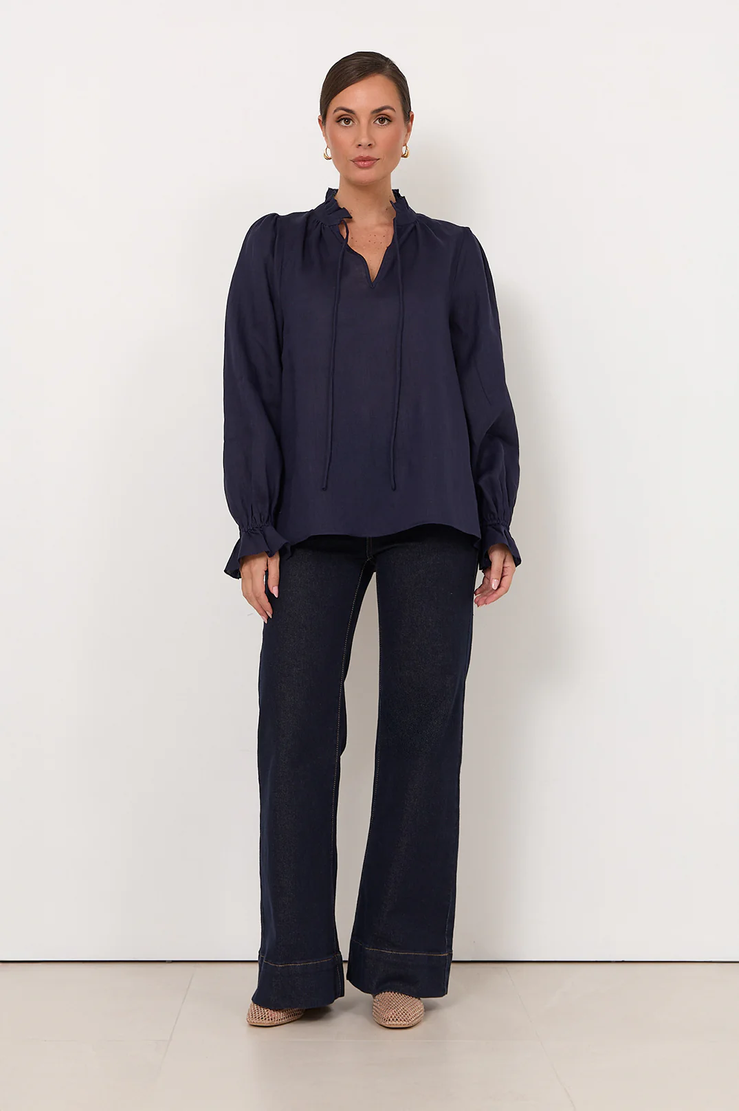Sandra Long Sleeve Linen Top (Navy) - Image 3
