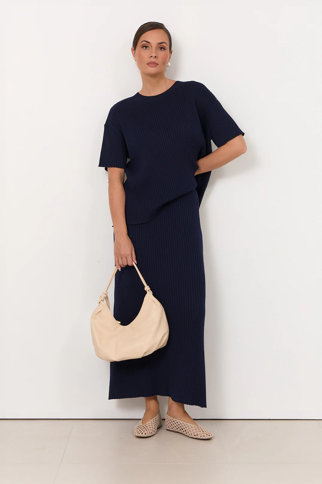 Shani Rib Knit Short Sleeve Top (Navy) - Image 2